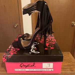 fringe black strap high heels, new with box!